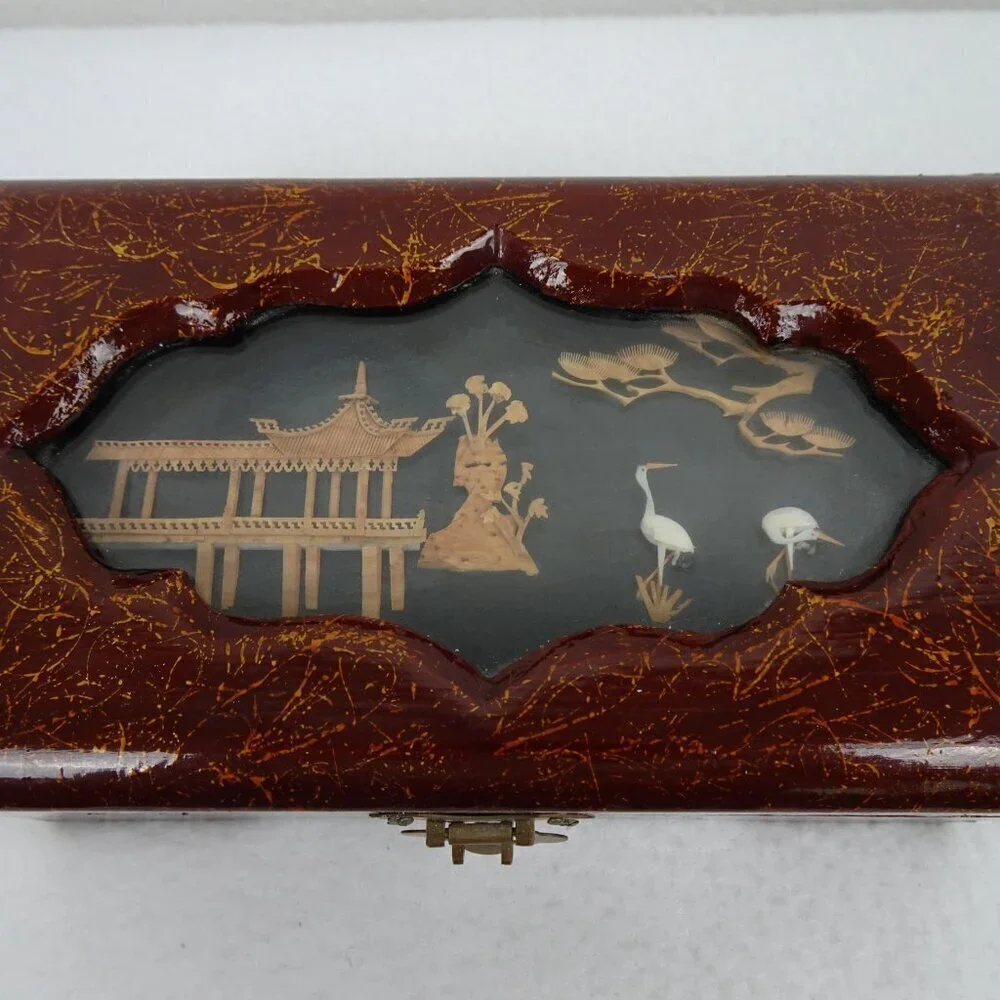 Vintage Asian Jewelry Box Lacquered Carved Diorama Art Inset Pagoda Lined
